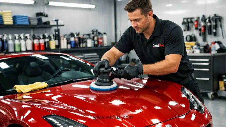Professional car detailer polishing a red luxury sports car inside a modern auto detailing studio with premium tools and bright lighting, showcasing high-end car detailing service.