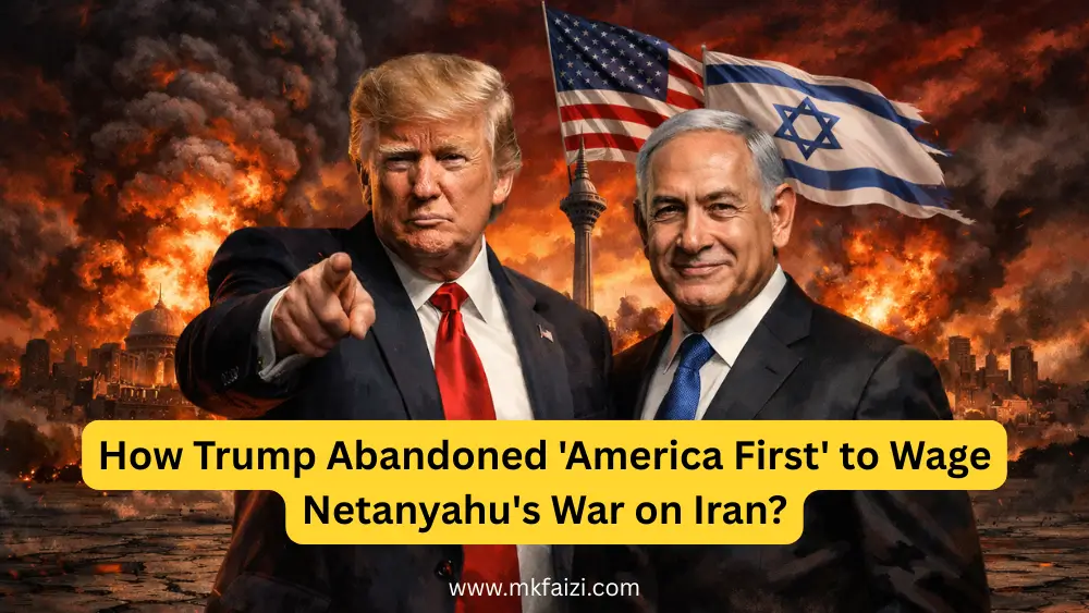 Dramatic political illustration of Donald Trump and Benjamin Netanyahu standing in front of an exploding Tehran skyline, with American and Israeli flags intertwined in the background, dark cinematic editorial style,