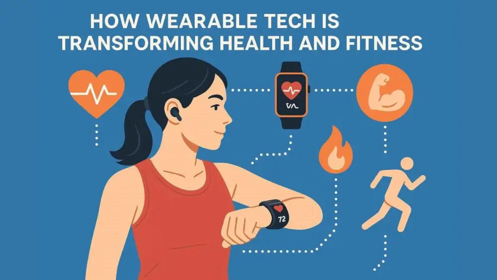 Illustration of a woman using wearable fitness technology, including a smartwatch and wireless earbuds, with icons representing heart health, muscle strength, calories burned, and running, alongside the text “How Wearable Tech Is Transforming Health and Fitness.