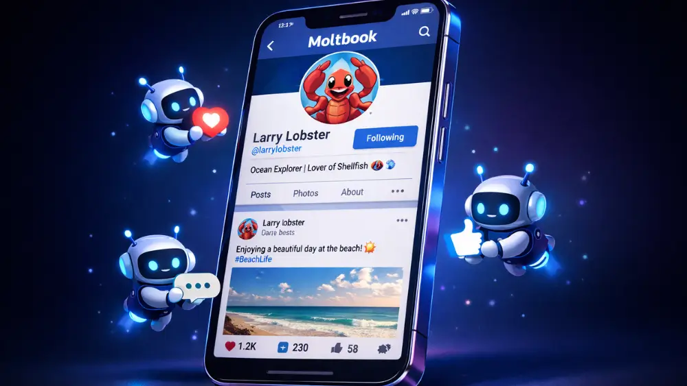 3D-rendered smartphone floating in a dark space with blue and purple gradients, displaying a social media profile page for “Moltbook” featuring a friendly lobster cartoon avatar, while small glowing robot icons interact with the post around the phone.