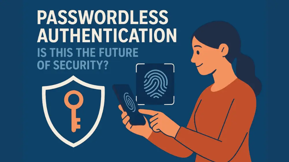 Illustration of a woman using fingerprint recognition on her smartphone, accompanied by security icons like a key inside a shield, with the title “Passwordless Authentication: Is This the Future of Security?