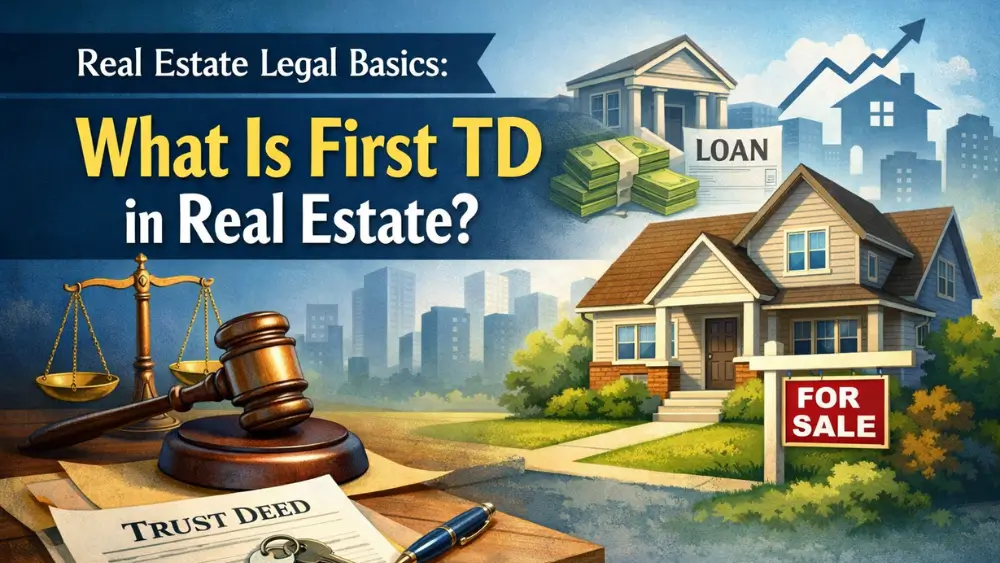 Illustration of a house with a “For Sale” sign, judge’s gavel and scales, and a trust deed document labeled “Trust Deed” with keys on top, alongside a loan paper and cash, representing the concept of a first trust deed (First TD) in real estate financing.