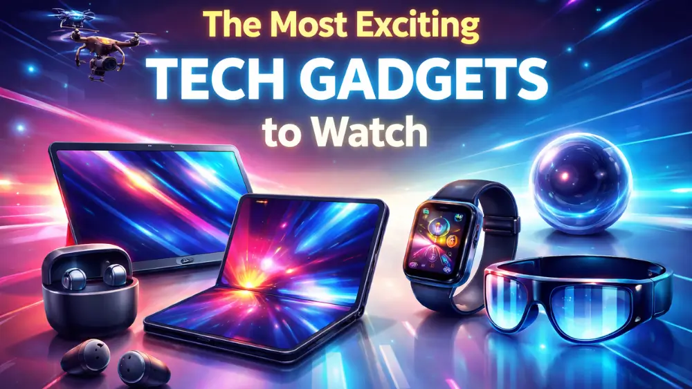 Futuristic tech gadgets including foldable smartphone, smartwatch, wireless earbuds, AR glasses, and drone displayed on a modern digital background.