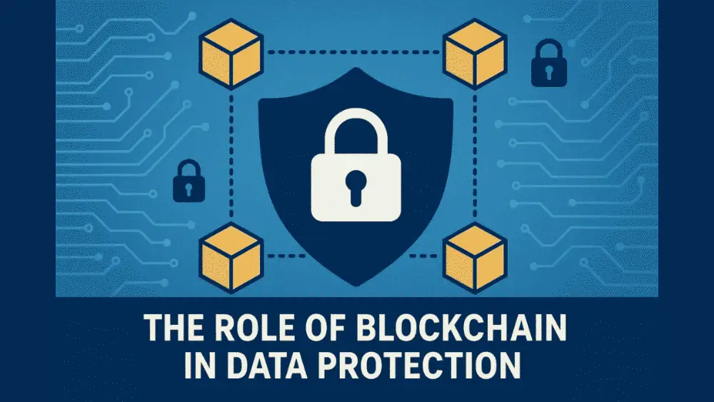 Illustration showing a large shield with a padlock symbol in the center, surrounded by connected blockchain cubes, representing how blockchain technology enhances data protection.