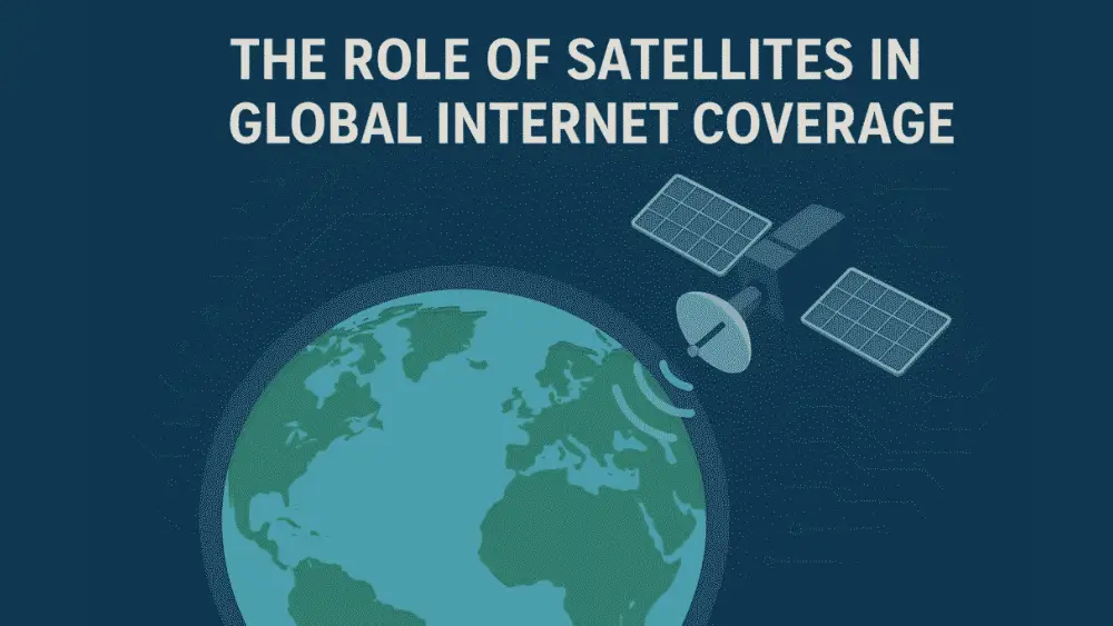 flat-style digital illustration showing Earth with green continents and blue oceans, alongside a satellite with large solar panels orbiting the planet. Radio waves extend from the satellite toward Earth. At the top, bold white text reads, “THE ROLE OF SATELLITES IN GLOBAL INTERNET COVERAGE,” set against a dark blue background with subtle circuit patterns.