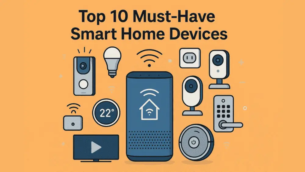 Illustration of various smart home devices, including a smart speaker, thermostat, cameras, light bulb, doorbell, and plug, with the text “Top 10 Must-Have Smart Home Devices” on an orange background.