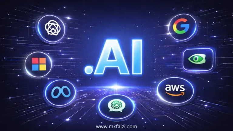 .AI domain used by top tech companies and AI platforms with glowing text and futuristic network background.