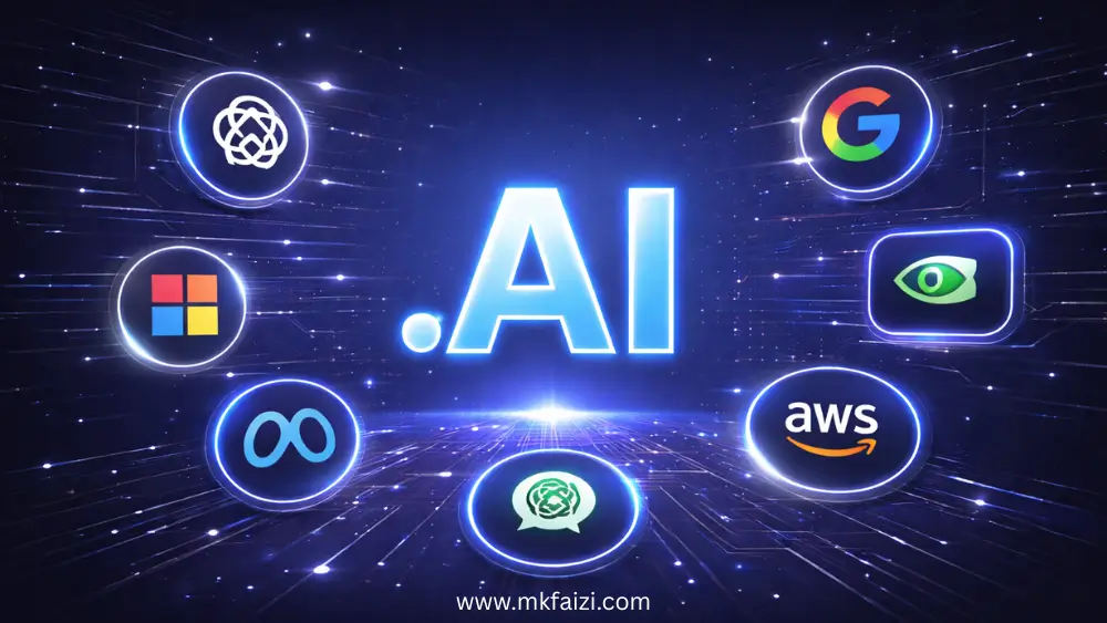 .AI domain used by top tech companies and AI platforms with glowing text and futuristic network background.