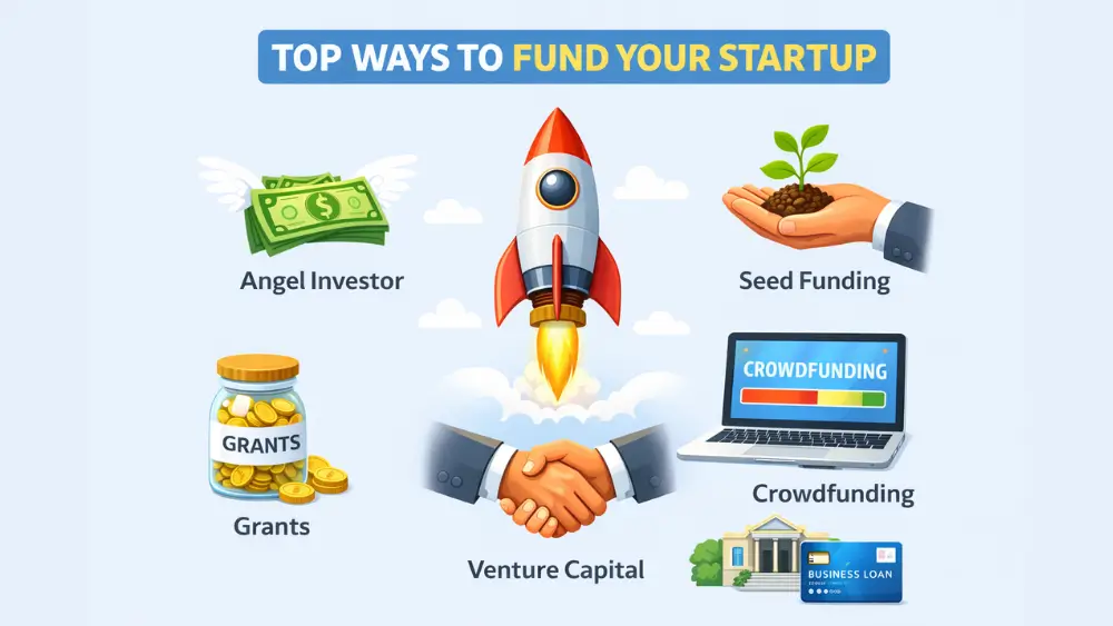 Simple flat illustration showing a rocket launch in the center with icons representing startup funding options including angel investors, seed funding, grants, crowdfunding, venture capital, and business loans under the heading “Top Ways to Fund Your Startup.”