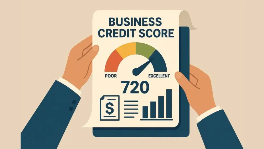 Illustration of hands holding a business credit score report showing a score of 720, with a gauge from poor to excellent and financial icons.