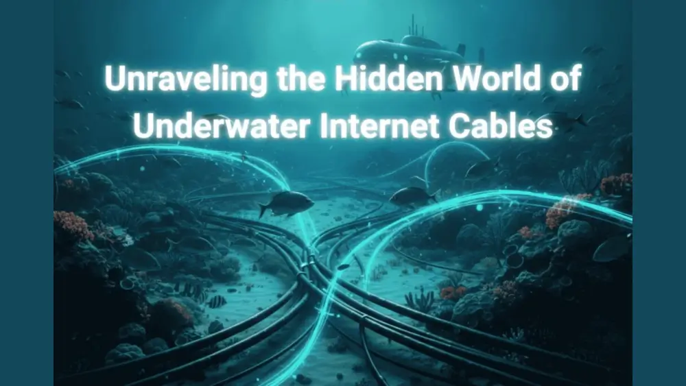 A dynamic underwater scene showing thick, dark internet cables running along a colorful coral reef on the ocean floor. The cables glow with bright turquoise light, representing data flowing through them. In the background, a small submarine is visible, with fish swimming around it. The sun's rays pierce the water from above, and the text "UNRAVELING THE HIDDEN WORLD OF UNDERWATER INTERNET CABLES" is centered at the top.