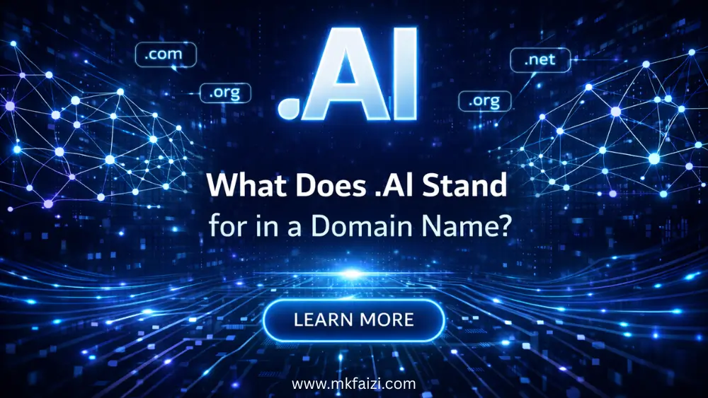 What does .AI stand for in a domain name – futuristic digital illustration with glowing .AI text and network connections.