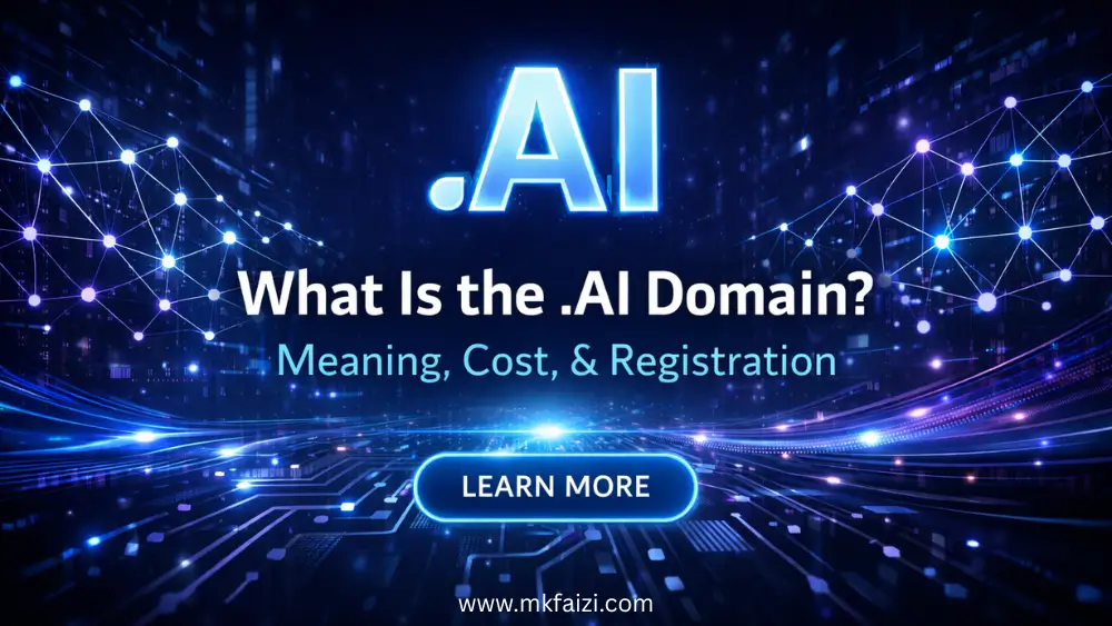 What is the .AI domain – futuristic AI technology concept with glowing .AI text, neural networks, and digital circuit background.