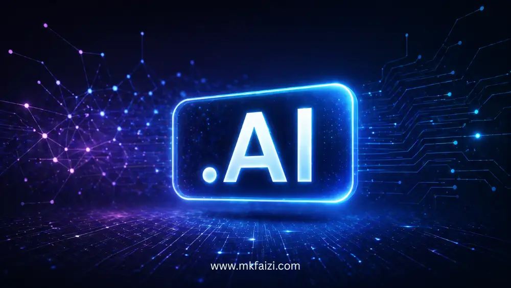 .AI domain concept with glowing text, neural network connections, and futuristic tech background.