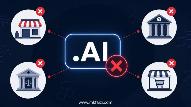 .AI domain not recommended for local businesses, banks, law firms, and eCommerce websites illustration.