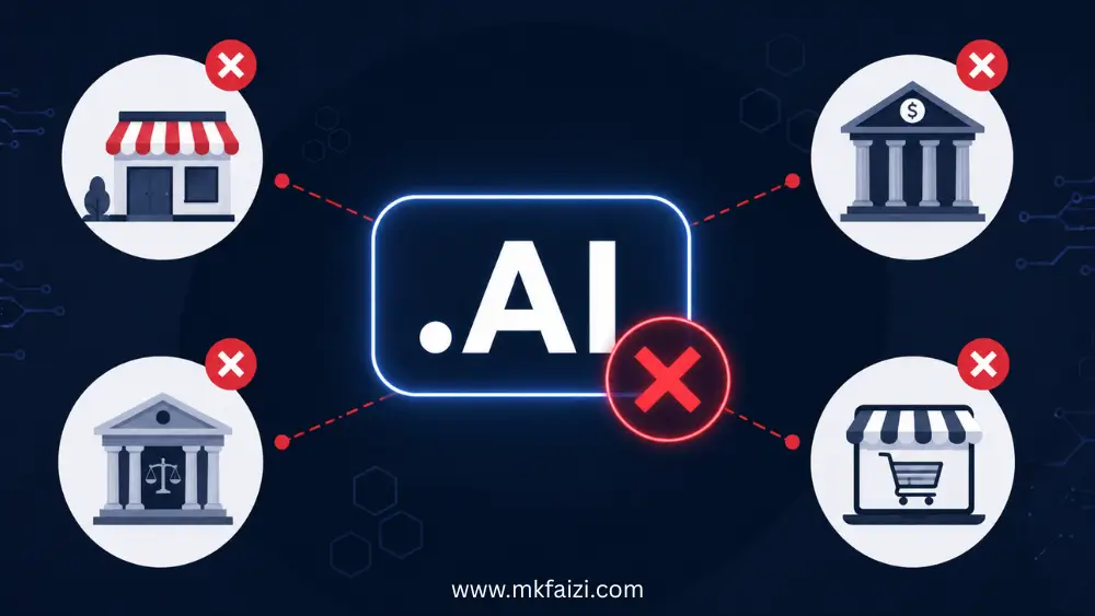 .AI domain not recommended for local businesses, banks, law firms, and eCommerce websites illustration.
