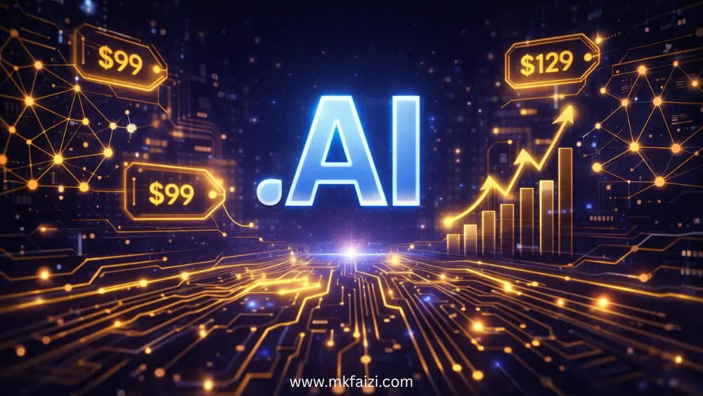 .AI domain cost concept with glowing .AI text, holographic price tags, and rising graph in futuristic tech background.