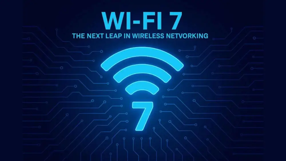 Wi-Fi 7 technology concept with glowing blue wireless signal icon and digital circuit background, featuring the text “Wi-Fi 7 – The Next Leap in Wireless Networking.