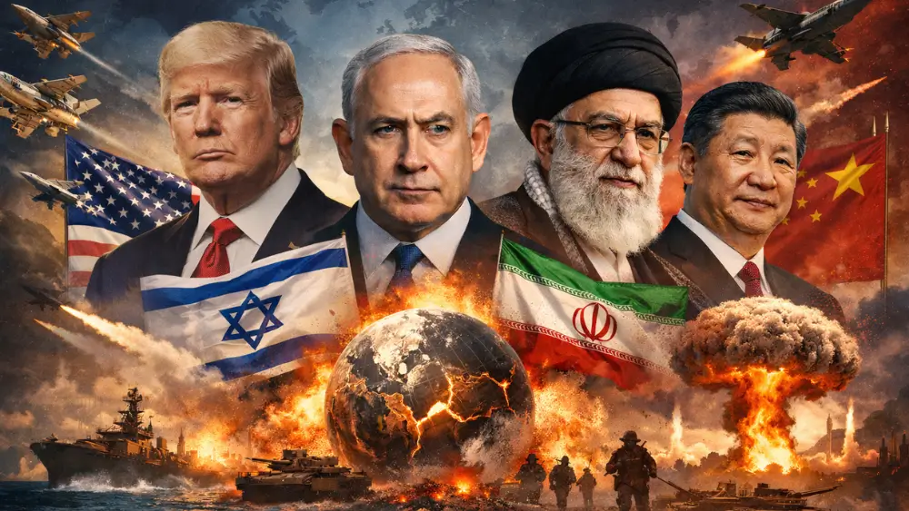 Digital illustration of Donald Trump, Benjamin Netanyahu, Ayatollah Ali Khamenei, and Xi Jinping with US, Israel, Iran, and China flags, fighter jets, explosions, a cracked burning globe, and military tanks, representing global geopolitical tensions and potential World War 3 scenarios.
